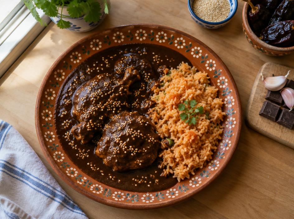 Oaxacan mole negro with red rice